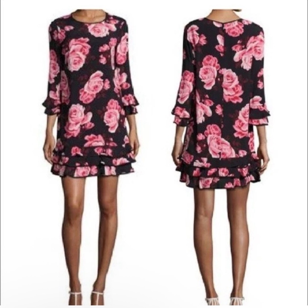 KATE SPADE Rose Floral Black Pink Print 3/4 Sleeve Ruffle Cocktail Dress XS